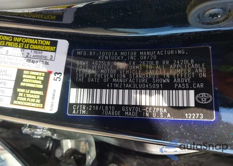 2020 Toyota Camry Xse V6 из США, поврежденный, VIN 4T1KZ1AK3LU045091